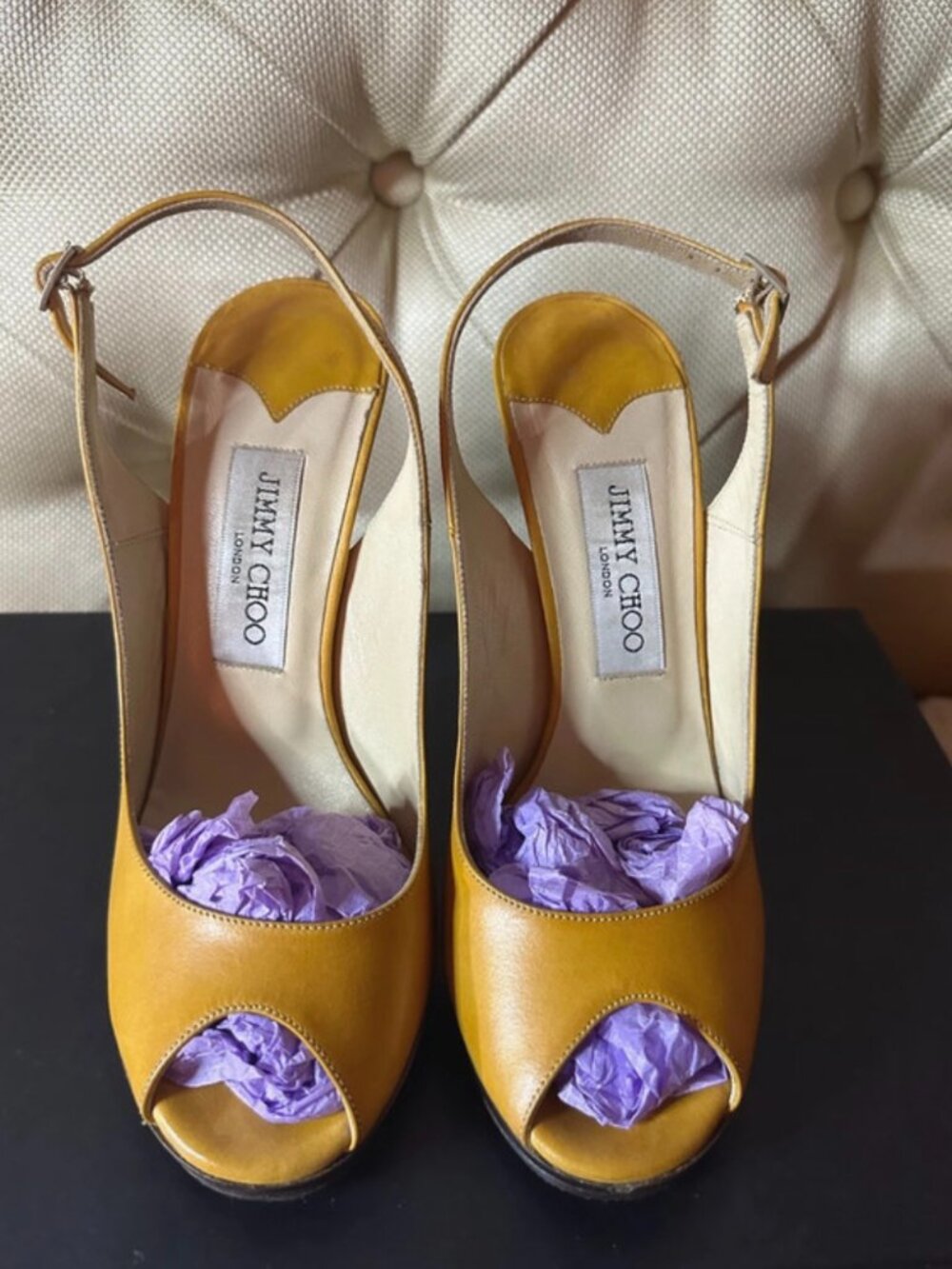 Jimmy Choo Mustard Leather Peep Toe Platform Heels Size 38